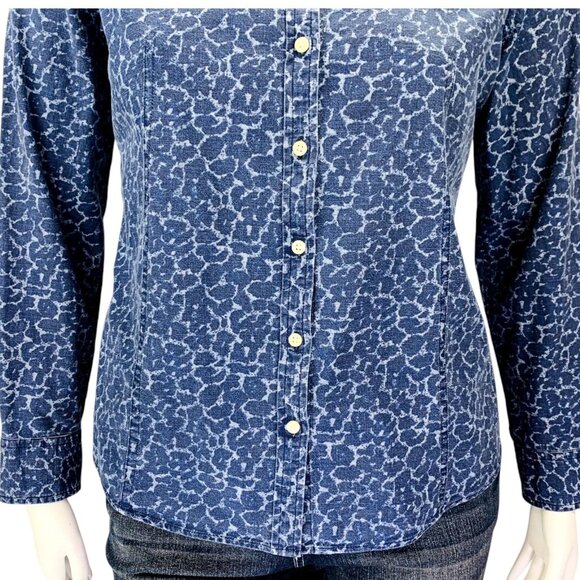 Talbots Womens Chambray Shirt Button Front Blue Animal Print Roll Sleeve Size 14 - Picture 5 of 12